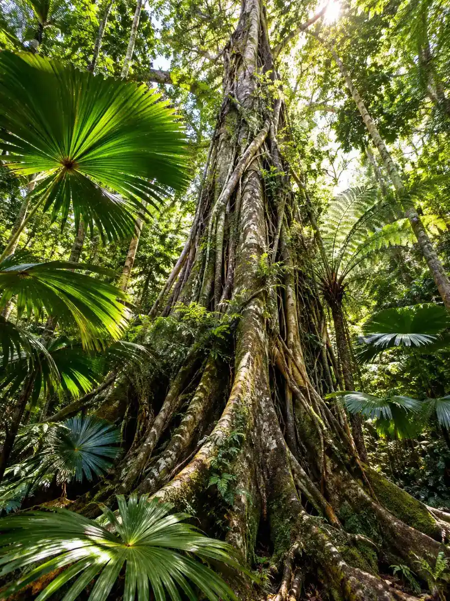 Eine Würgefeige und Fächerpalmen im sonnendurchfluteten Tieflandregenwald des Daintree